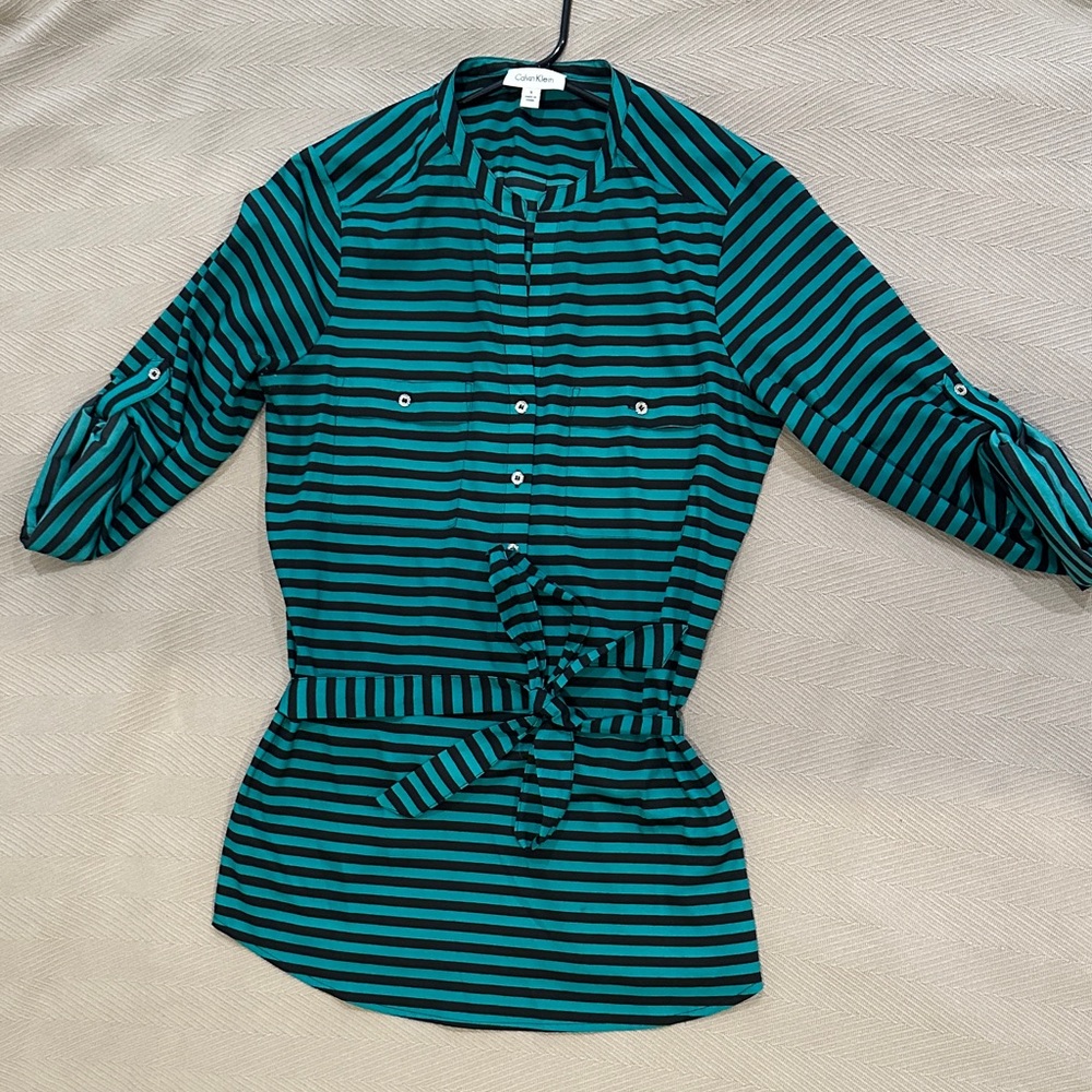 Teal and Black Striped Calvin Klein Blouse